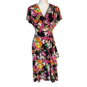 NEW Vicky Tiel Size L Stretch Jersey Floral Print Wrap Dress Flutter Sleeves